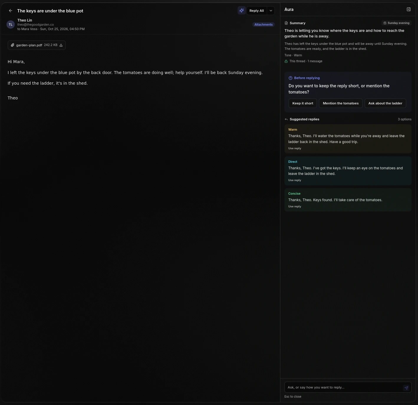 AuraMail's Aura rail showing a thread summary, suggested reply tones, and an ask box.